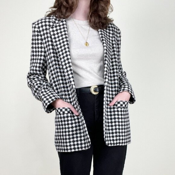Vintage Wool Knit Blazer Check Plaid Oversized Relaxed Fit Preppy Jacket Coat - Picture 3 of 8